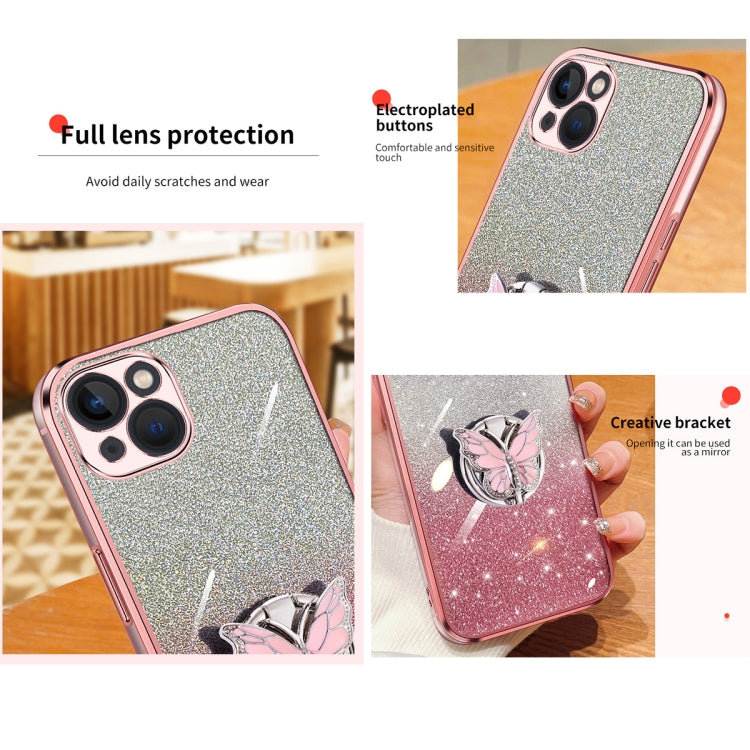 For iPhone 13 Plated Gradient Glitter Butterfly Holder TPU Phone Case