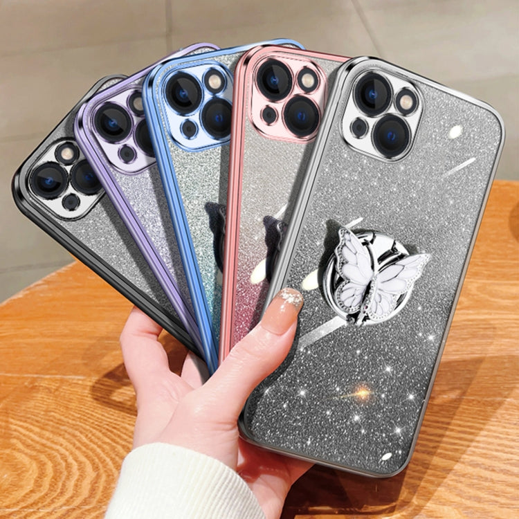 For iPhone 13 mini Plated Gradient Glitter Butterfly Holder TPU Phone Case