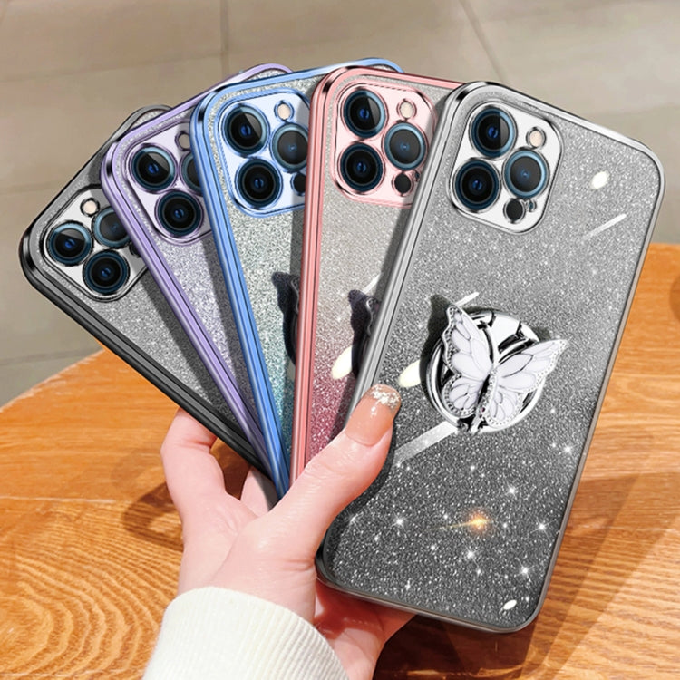 For iPhone 12 Pro Plated Gradient Glitter Butterfly Holder TPU Phone Case