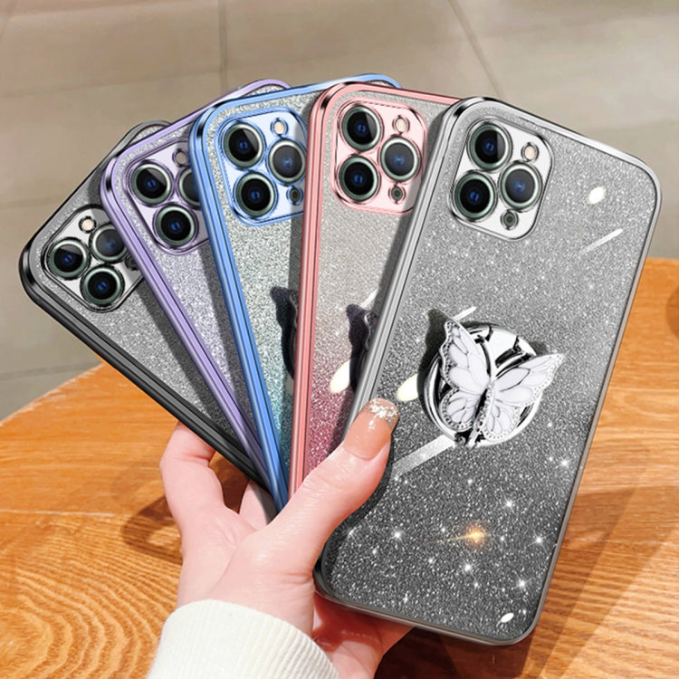For iPhone 11 Pro Max Plated Gradient Glitter Butterfly Holder TPU Phone Case