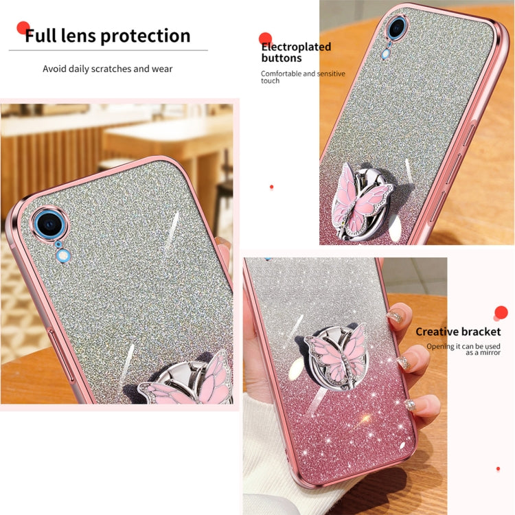 For iPhone XR Plated Gradient Glitter Butterfly Holder TPU Phone Case