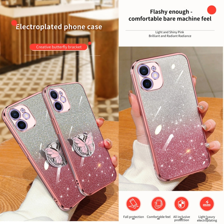 For iPhone 12 Plated Gradient Glitter Butterfly Holder TPU Phone Case