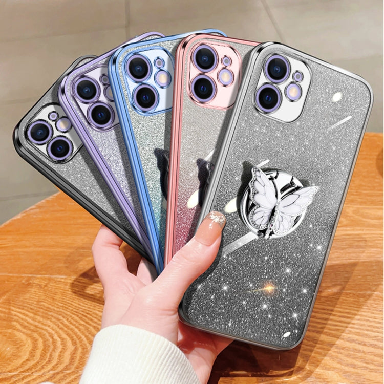 For iPhone 12 Plated Gradient Glitter Butterfly Holder TPU Phone Case