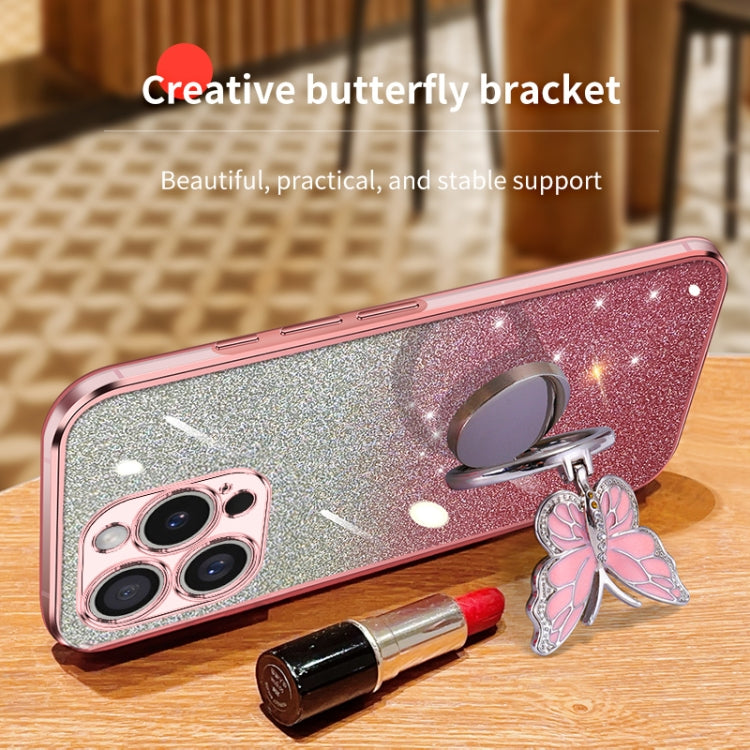 For iPhone 16 Pro Max Plated Gradient Glitter Butterfly Holder TPU Phone Case