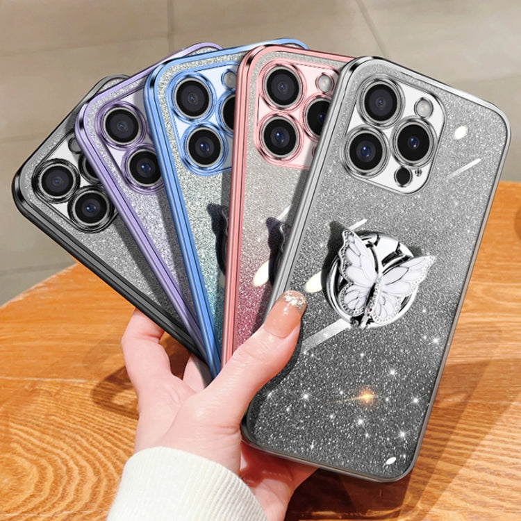 For iPhone 16 Pro Max Plated Gradient Glitter Butterfly Holder TPU Phone Case