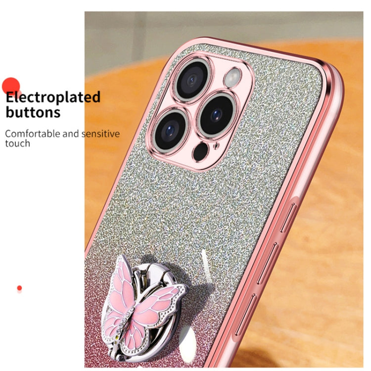For iPhone 16 Pro Max Plated Gradient Glitter Butterfly Holder TPU Phone Case