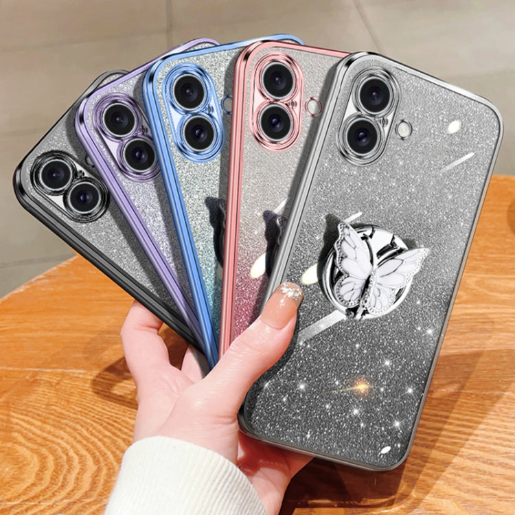 For iPhone 16 Plated Gradient Glitter Butterfly Holder TPU Phone Case