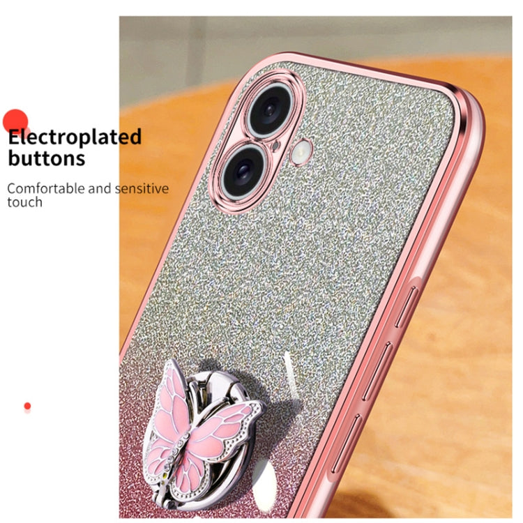 For iPhone 16 Plated Gradient Glitter Butterfly Holder TPU Phone Case