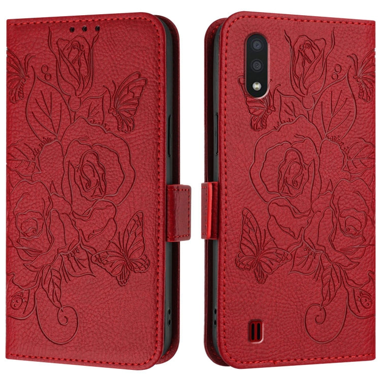 For Samsung Galaxy A01 EU Version Embossed Rose RFID Anti-theft Leather Phone Case