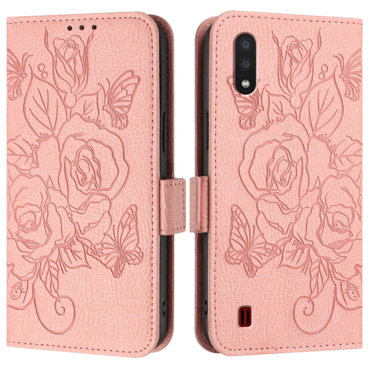 For Samsung Galaxy A01 EU Version Embossed Rose RFID Anti-theft Leather Phone Case