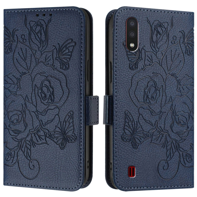 For Samsung Galaxy A01 EU Version Embossed Rose RFID Anti-theft Leather Phone Case