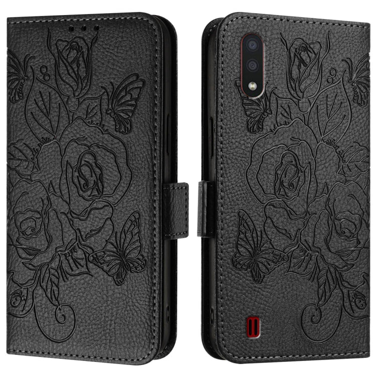 For Samsung Galaxy A01 EU Version Embossed Rose RFID Anti-theft Leather Phone Case