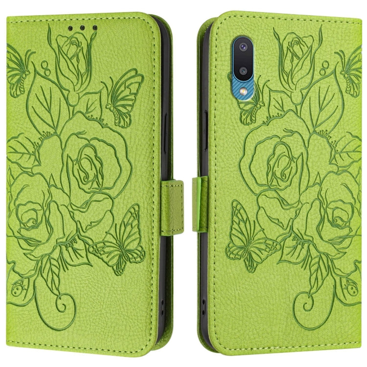 For Samsung Galaxy A02 / M02 Embossed Rose RFID Anti-theft Leather Phone Case