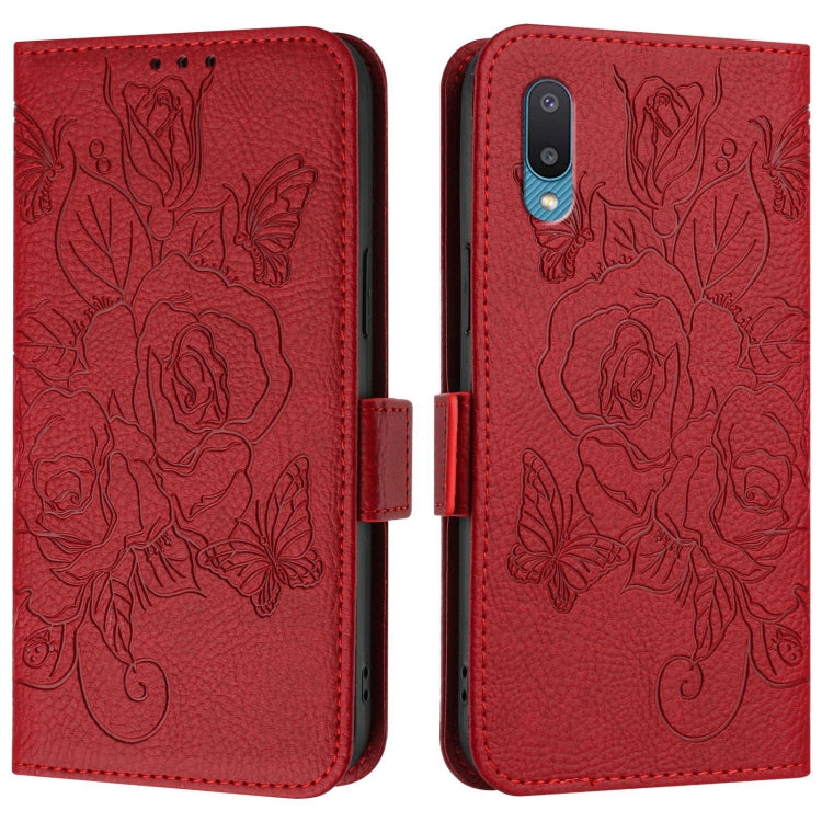 For Samsung Galaxy A02 / M02 Embossed Rose RFID Anti-theft Leather Phone Case