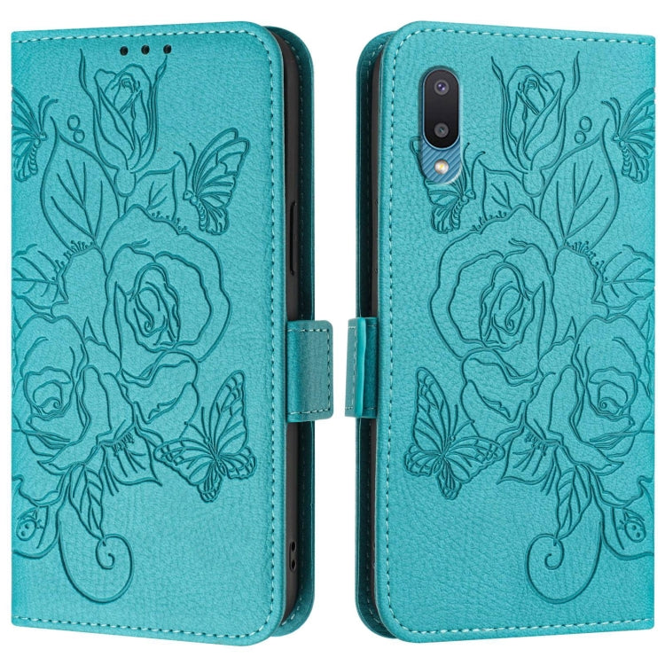 For Samsung Galaxy A02 / M02 Embossed Rose RFID Anti-theft Leather Phone Case