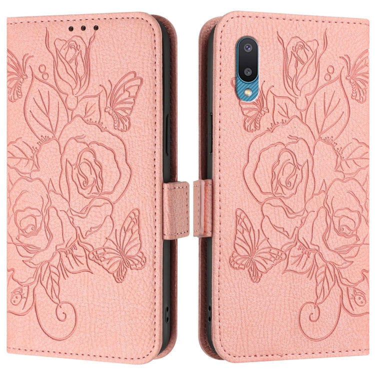 For Samsung Galaxy A02 / M02 Embossed Rose RFID Anti-theft Leather Phone Case