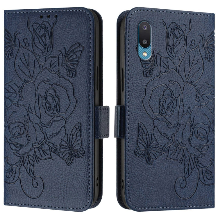 For Samsung Galaxy A02 / M02 Embossed Rose RFID Anti-theft Leather Phone Case