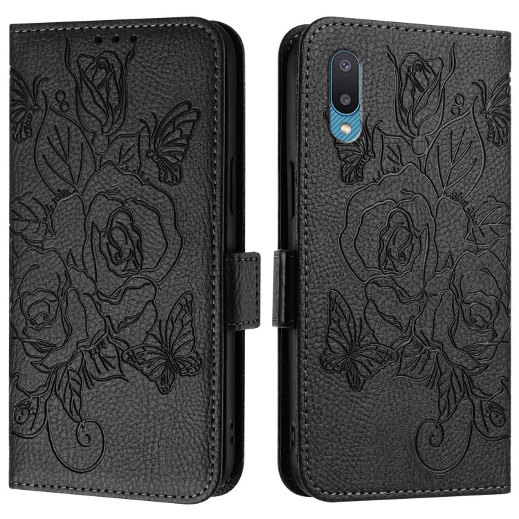 For Samsung Galaxy A02 / M02 Embossed Rose RFID Anti-theft Leather Phone Case