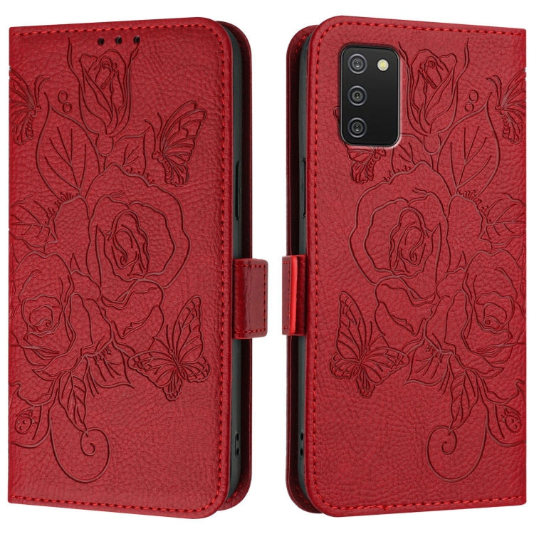 For Samsung Galaxy A02s 166mm Embossed Rose RFID Anti-theft Leather Phone Case