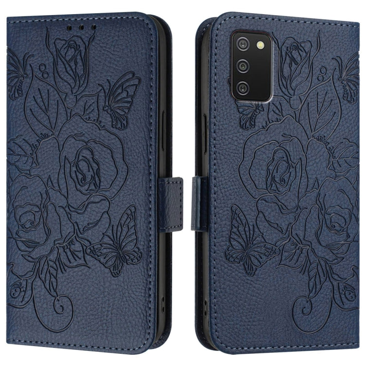 For Samsung Galaxy A02s 166mm Embossed Rose RFID Anti-theft Leather Phone Case