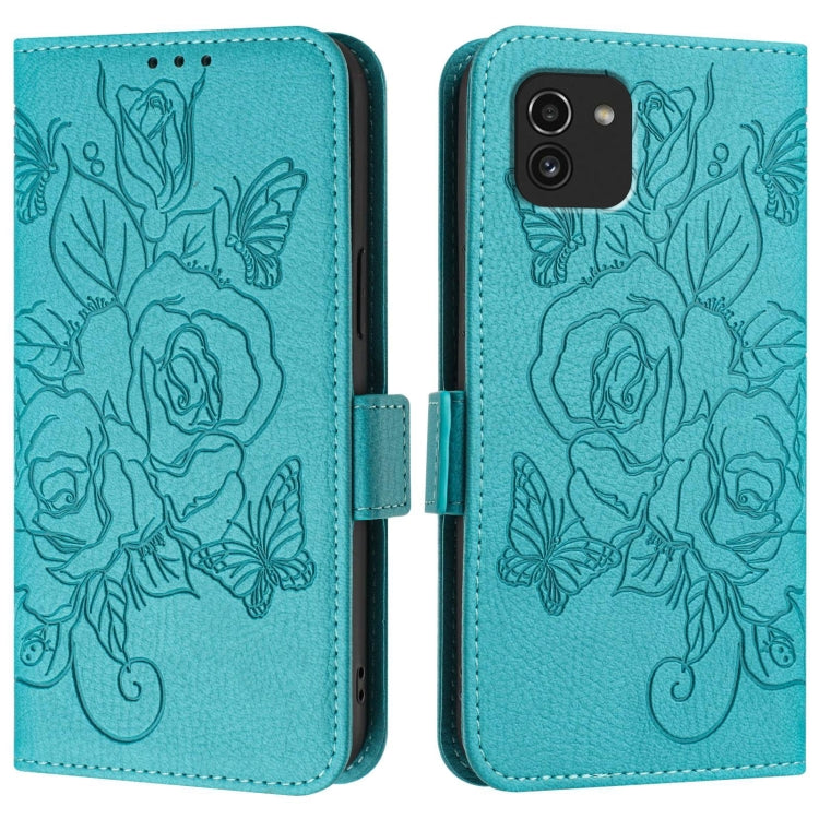 For Samsung Galaxy A03 166mm Embossed Rose RFID Anti-theft Leather Phone Case