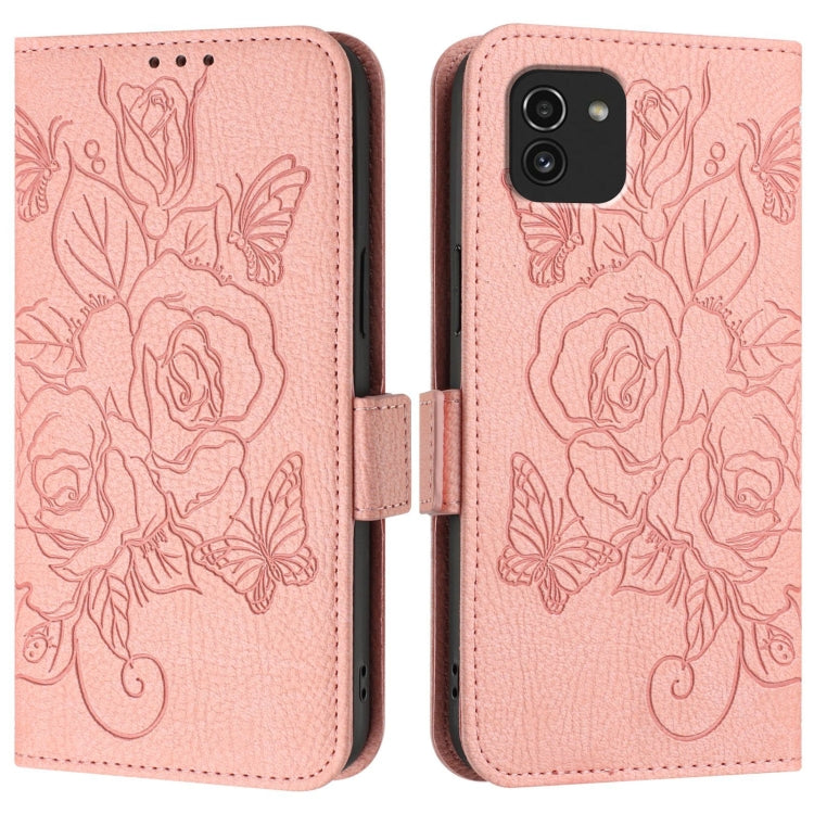 For Samsung Galaxy A03 166mm Embossed Rose RFID Anti-theft Leather Phone Case