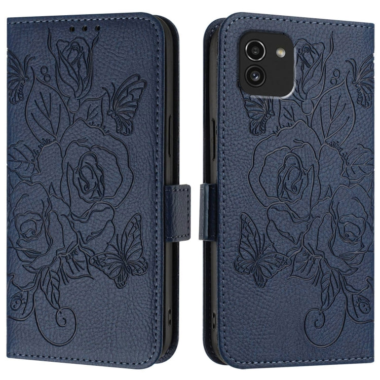 For Samsung Galaxy A03 166mm Embossed Rose RFID Anti-theft Leather Phone Case