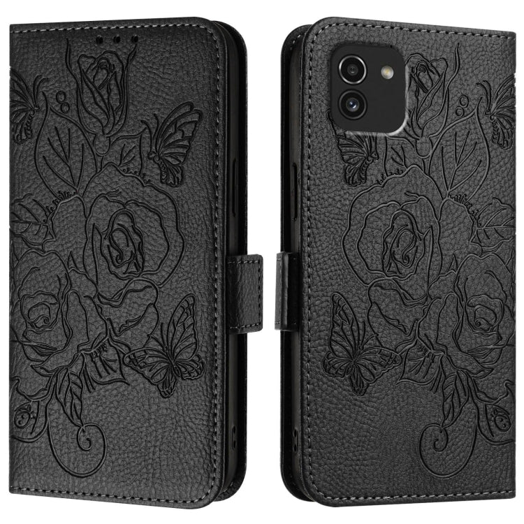For Samsung Galaxy A03 166mm Embossed Rose RFID Anti-theft Leather Phone Case