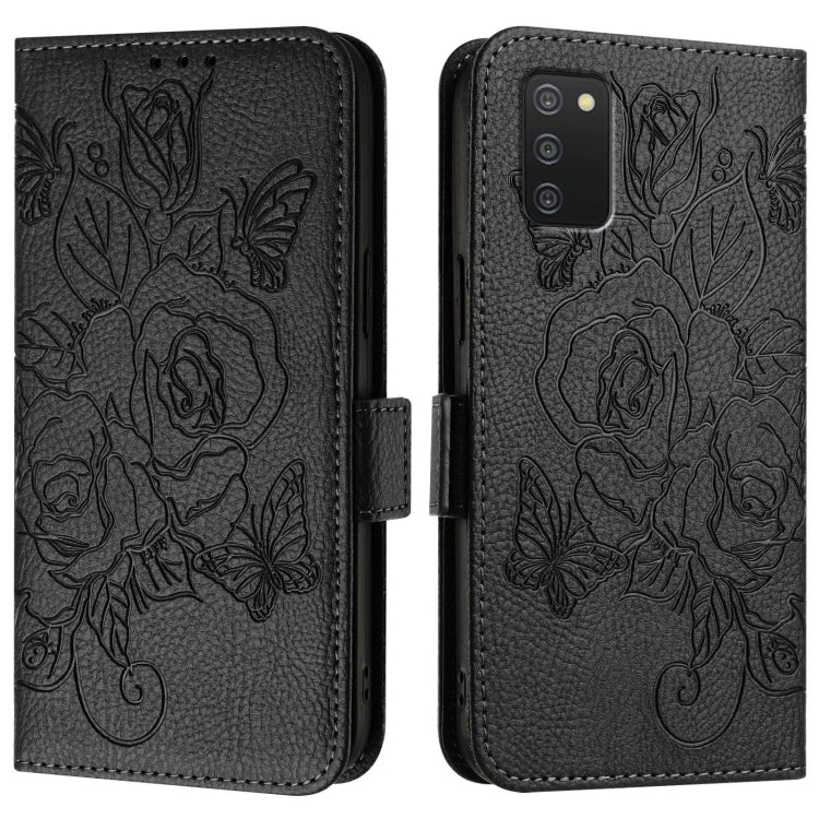 For Samsung Galaxy A03s 165.8mm Embossed Rose RFID Anti-theft Leather Phone Case