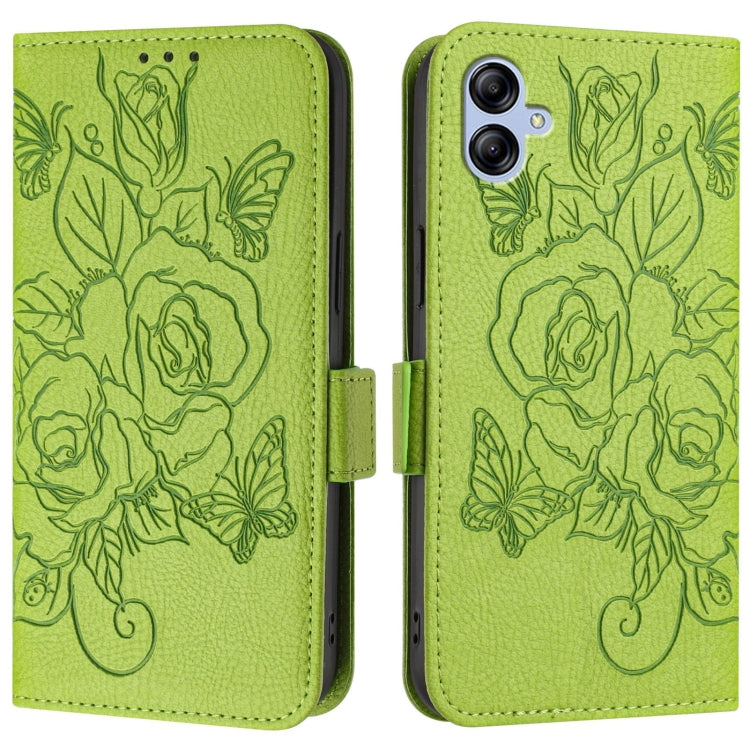 For Samsung Galaxy A04e 4G / F04 4G / M04 4G Embossed Rose RFID Anti-theft Leather Phone Case