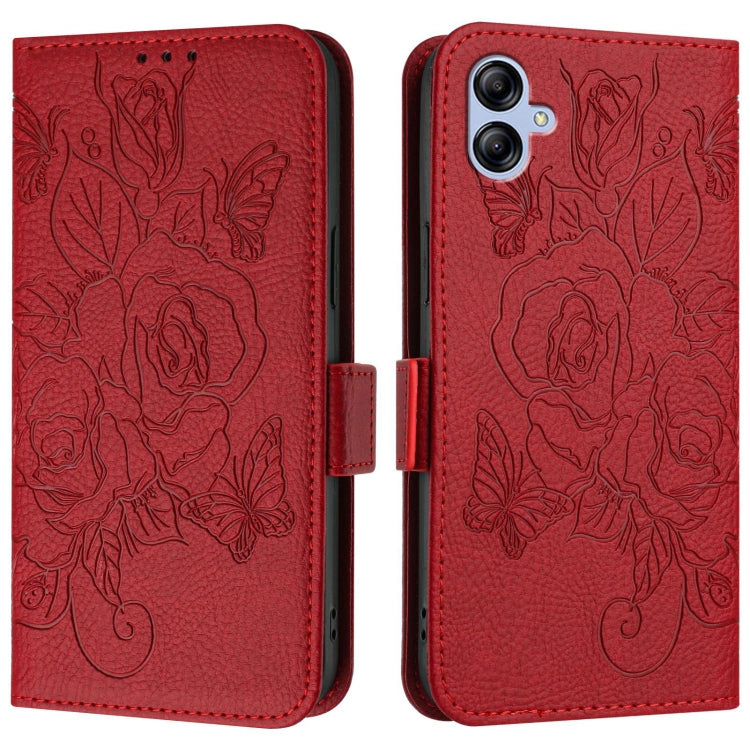 For Samsung Galaxy A04e 4G / F04 4G / M04 4G Embossed Rose RFID Anti-theft Leather Phone Case