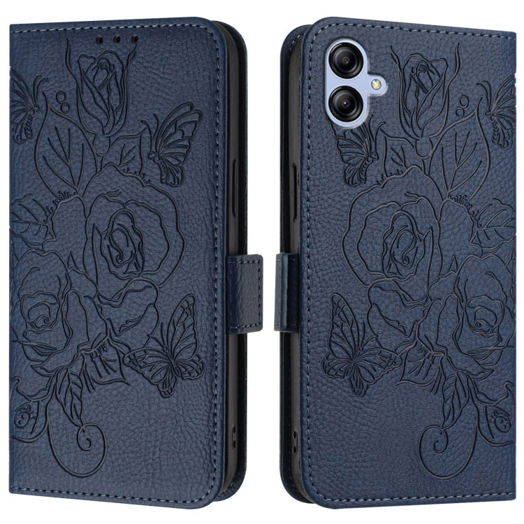 For Samsung Galaxy A04e 4G / F04 4G / M04 4G Embossed Rose RFID Anti-theft Leather Phone Case