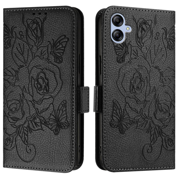For Samsung Galaxy A04e 4G / F04 4G / M04 4G Embossed Rose RFID Anti-theft Leather Phone Case