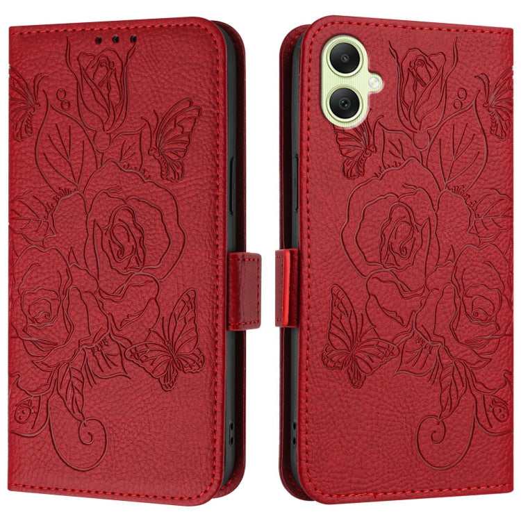 For Samsung Galaxy A05 4G Global Embossed Rose RFID Anti-theft Leather Phone Case