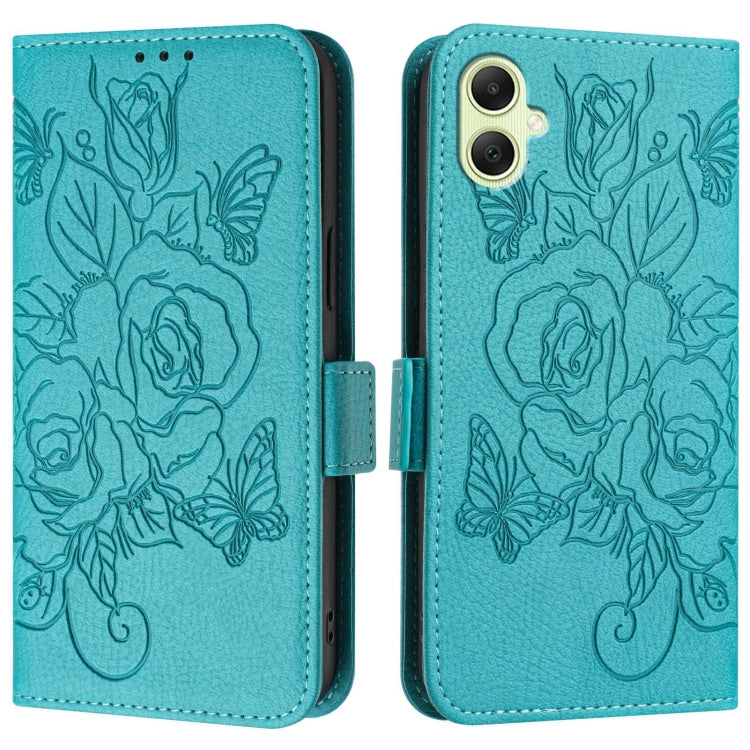For Samsung Galaxy A05 4G Global Embossed Rose RFID Anti-theft Leather Phone Case