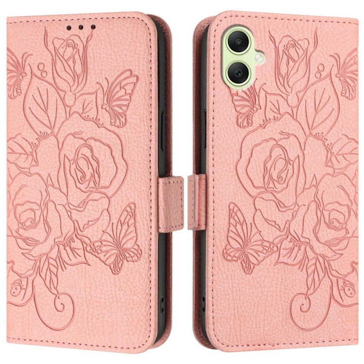 For Samsung Galaxy A05 4G Global Embossed Rose RFID Anti-theft Leather Phone Case