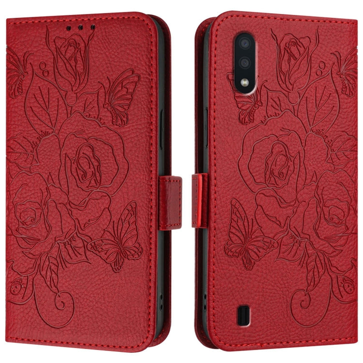 For Samsung Galaxy A10 / M10 EU Version Embossed Rose RFID Anti-theft Leather Phone Case