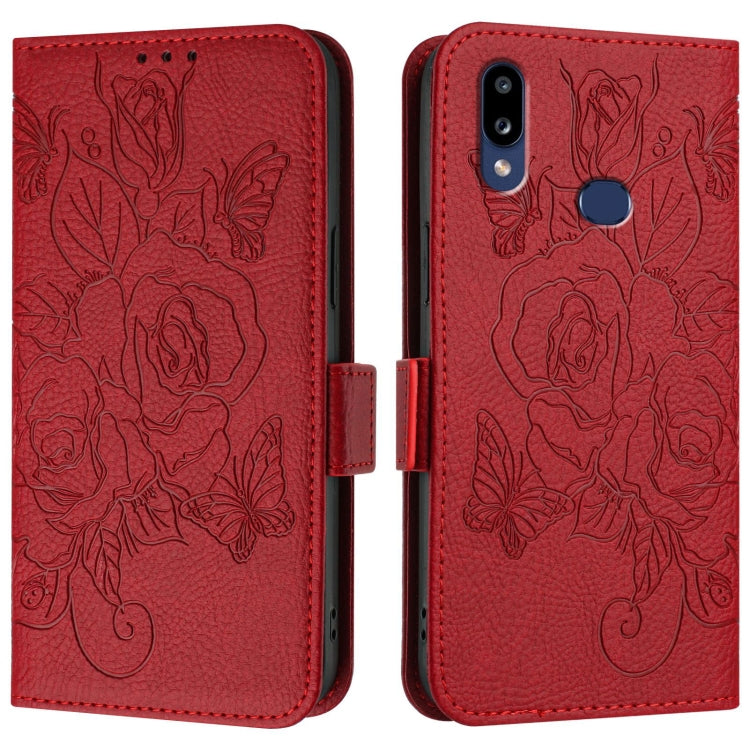 For Samsung Galaxy A10s / M10s Embossed Rose RFID Anti-theft Leather Phone Case