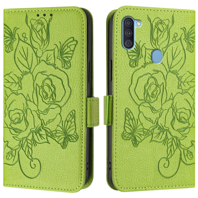 For Samsung Galaxy A11 EU Version Embossed Rose RFID Anti-theft Leather Phone Case