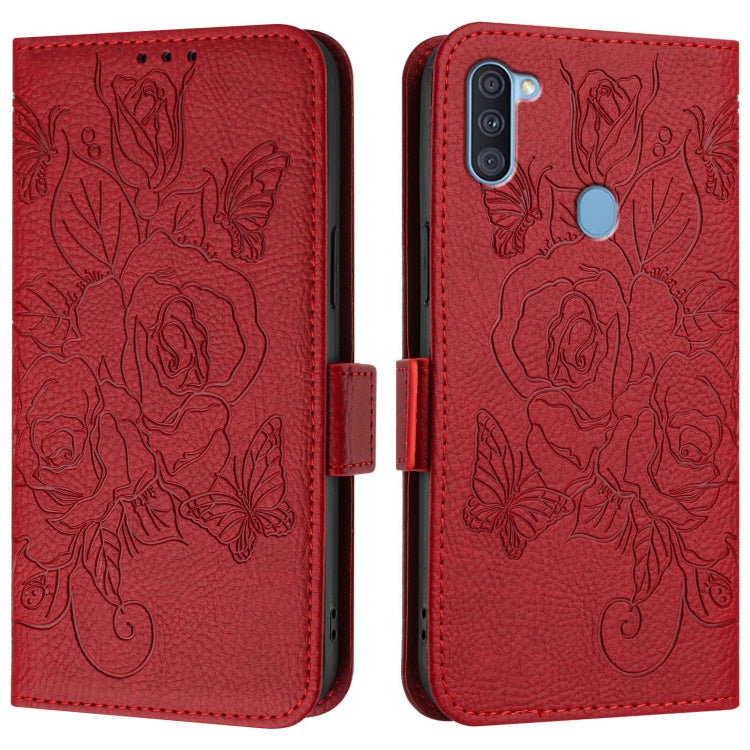 For Samsung Galaxy A11 EU Version Embossed Rose RFID Anti-theft Leather Phone Case