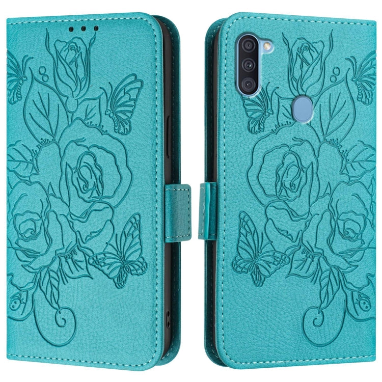 For Samsung Galaxy A11 EU Version Embossed Rose RFID Anti-theft Leather Phone Case