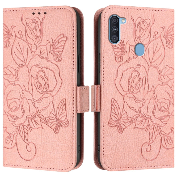 For Samsung Galaxy A11 EU Version Embossed Rose RFID Anti-theft Leather Phone Case