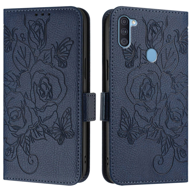 For Samsung Galaxy A11 EU Version Embossed Rose RFID Anti-theft Leather Phone Case