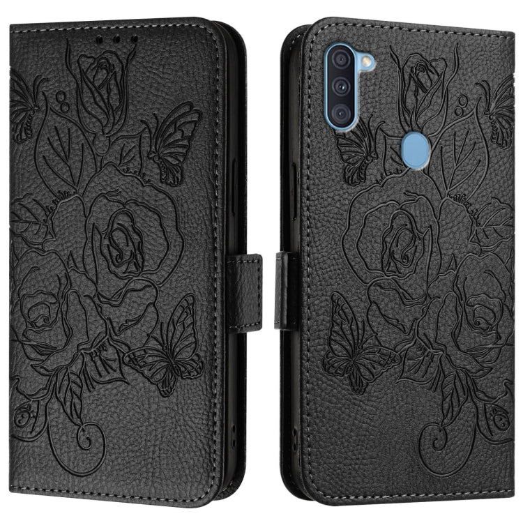 For Samsung Galaxy A11 EU Version Embossed Rose RFID Anti-theft Leather Phone Case
