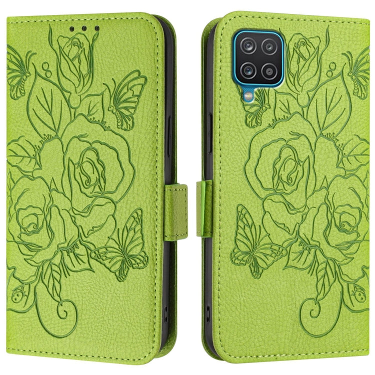 For Samsung Galaxy A12 / M12 Embossed Rose RFID Anti-theft Leather Phone Case