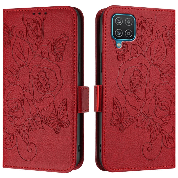 For Samsung Galaxy A12 / M12 Embossed Rose RFID Anti-theft Leather Phone Case