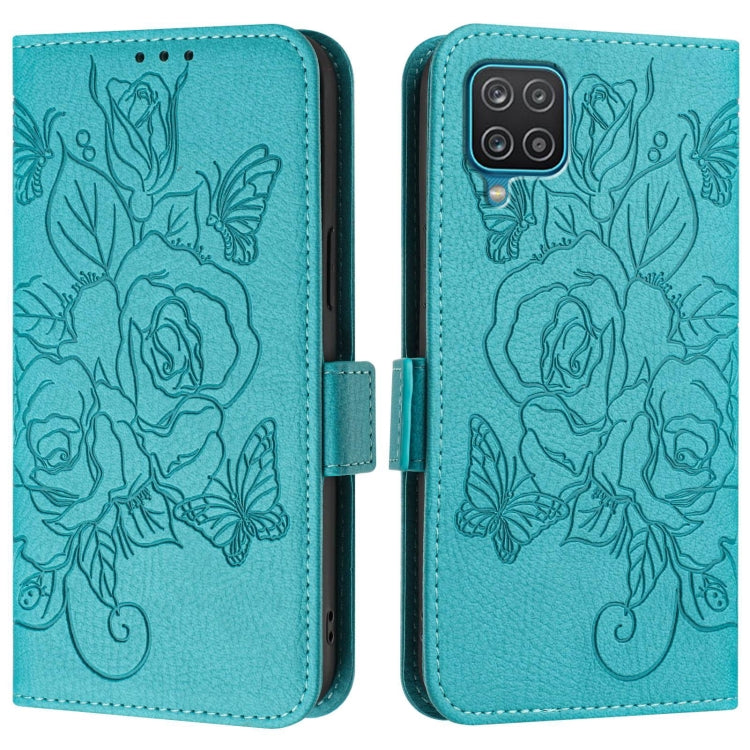 For Samsung Galaxy A12 / M12 Embossed Rose RFID Anti-theft Leather Phone Case