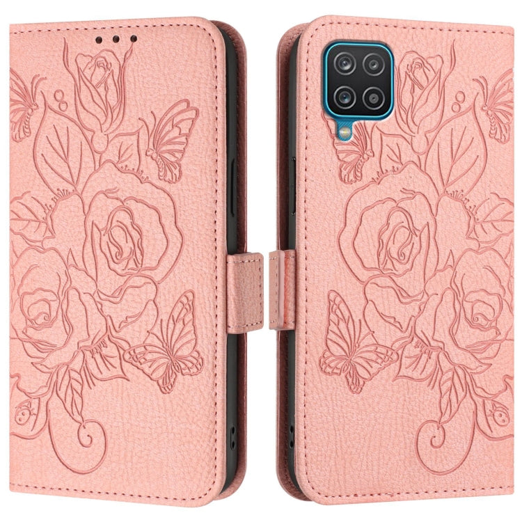 For Samsung Galaxy A12 / M12 Embossed Rose RFID Anti-theft Leather Phone Case