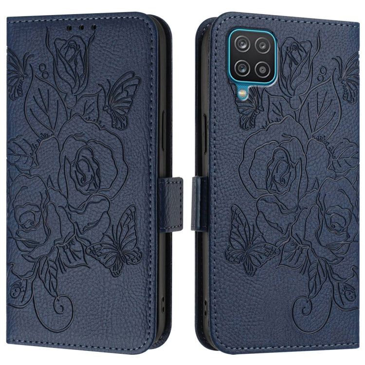 For Samsung Galaxy A12 / M12 Embossed Rose RFID Anti-theft Leather Phone Case