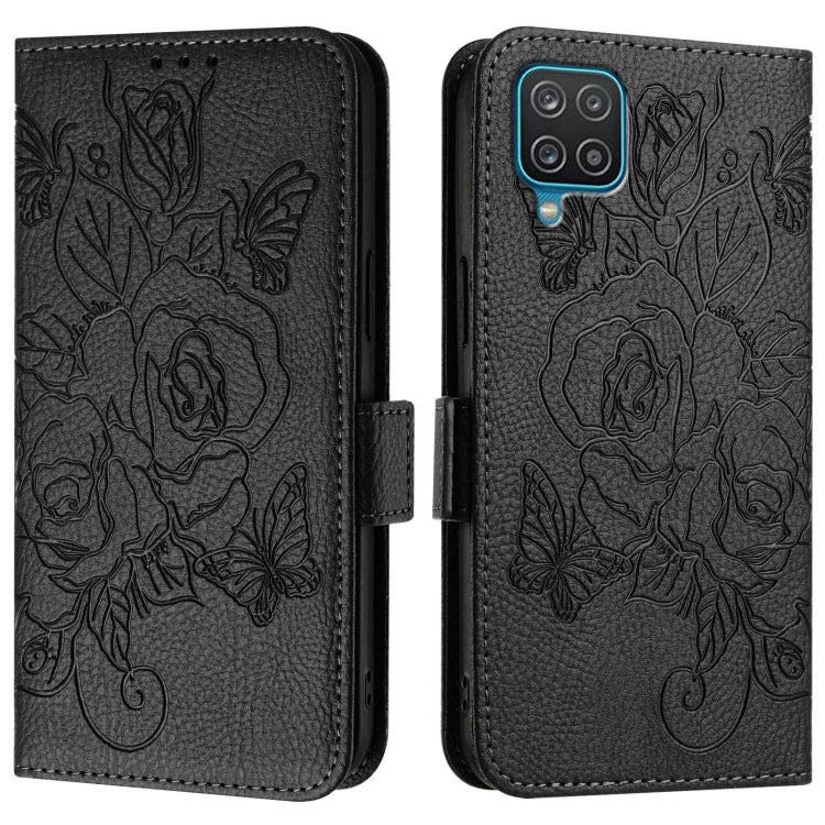For Samsung Galaxy A12 / M12 Embossed Rose RFID Anti-theft Leather Phone Case